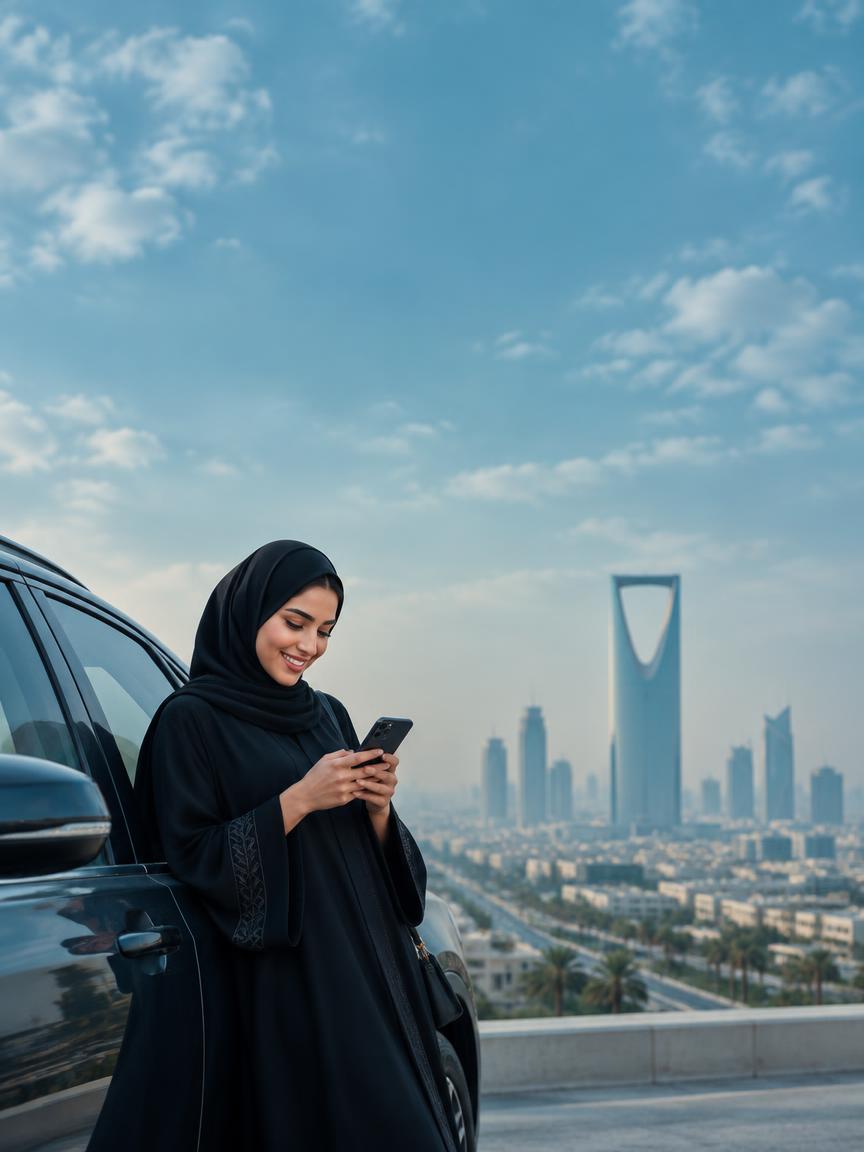 امرأة تستخدم هاتفها بجانب سيارتها